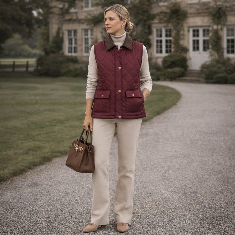 LAUREN RALPH LAUREN New Quilted Vest SMALL/P Dark Garnet Corduroy Trim 84225T